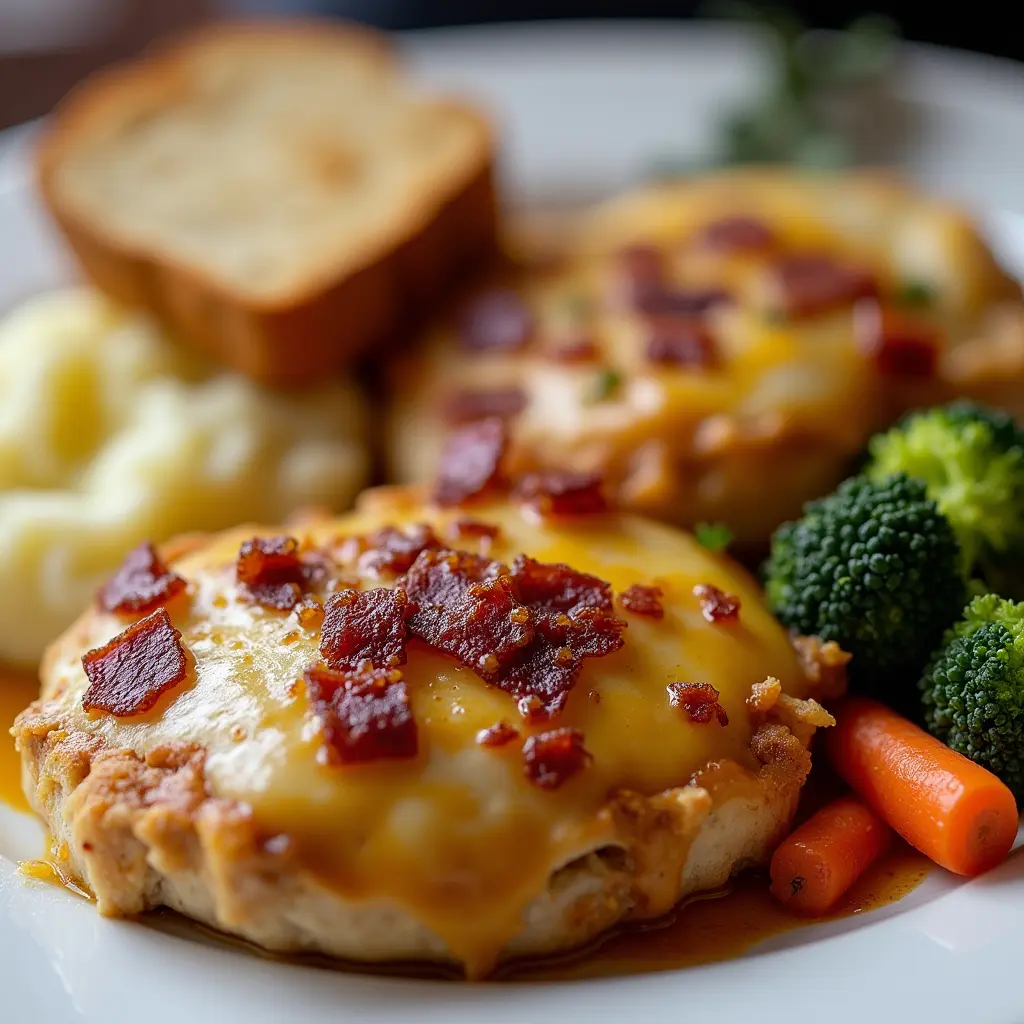 A plate of Alice Springs Chicken featuring golden-brown grilled chicken breasts topped with crispy bacon, sautéed mushrooms, melted cheddar and Monterey Jack cheese, and honey mustard sauce. The dish is served on a white plate with a garnish of fresh herbs, making it look flavorful and inviting.