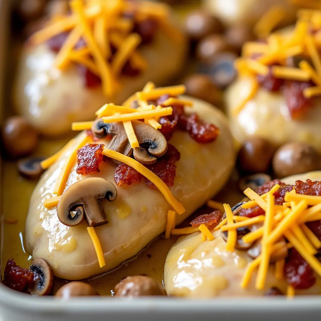 Close-up of cooked chicken breasts in a baking dish, topped with honey mustard sauce, sautéed mushrooms, crispy bacon strips, and shredded cheddar and Monterey Jack cheese, ready for baking.