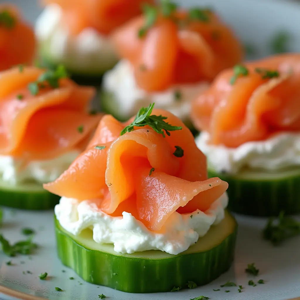 Close-up of smoked salmon roulades with cucumber and cream cheese.