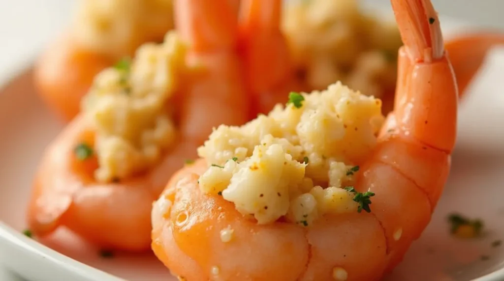 Close-up of crab stuffed shrimp showcasing the crab stuffing inside the shrimp.