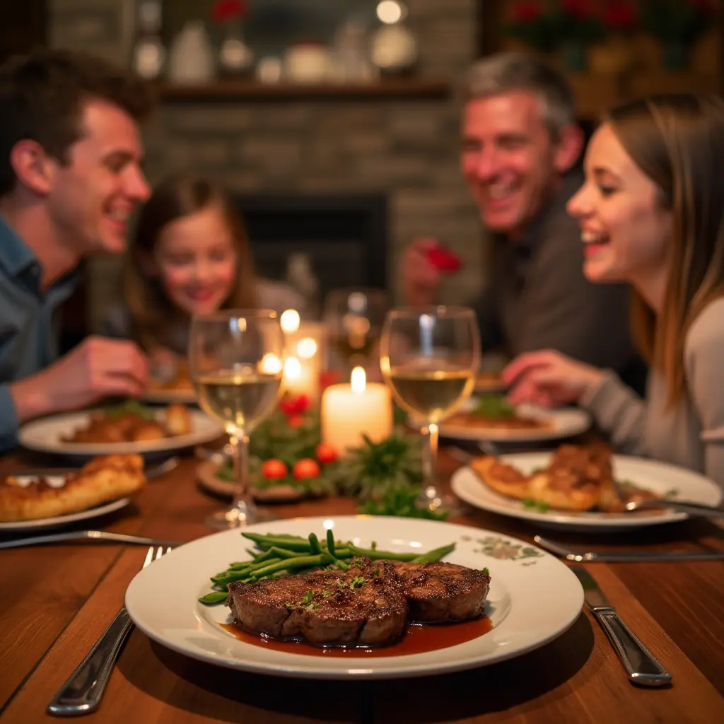 A family enjoying a meal with deer cube steak at a cozy dining table.