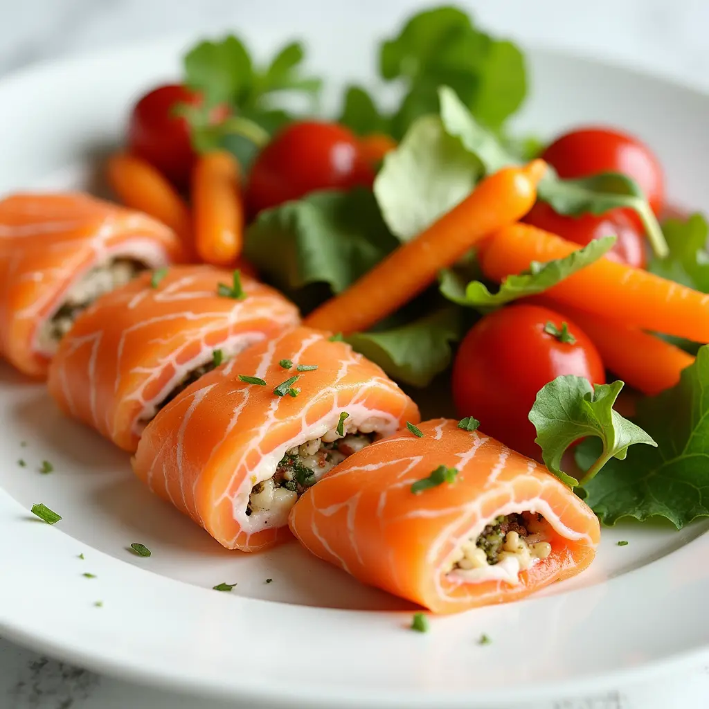 Healthy smoked salmon roulades with fresh vegetables.