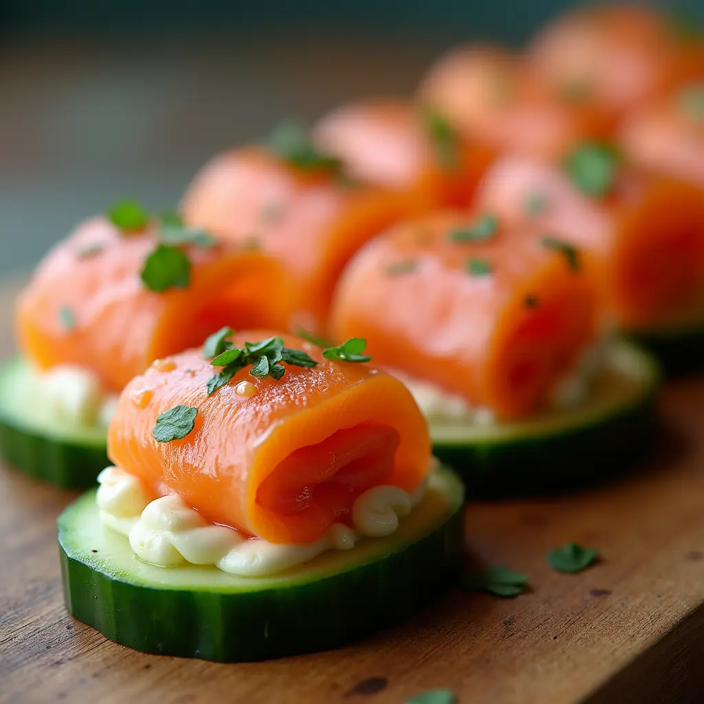 Close-up of bite-sized chatelaine smoked salmon rolls on cucumber with creamy filling.