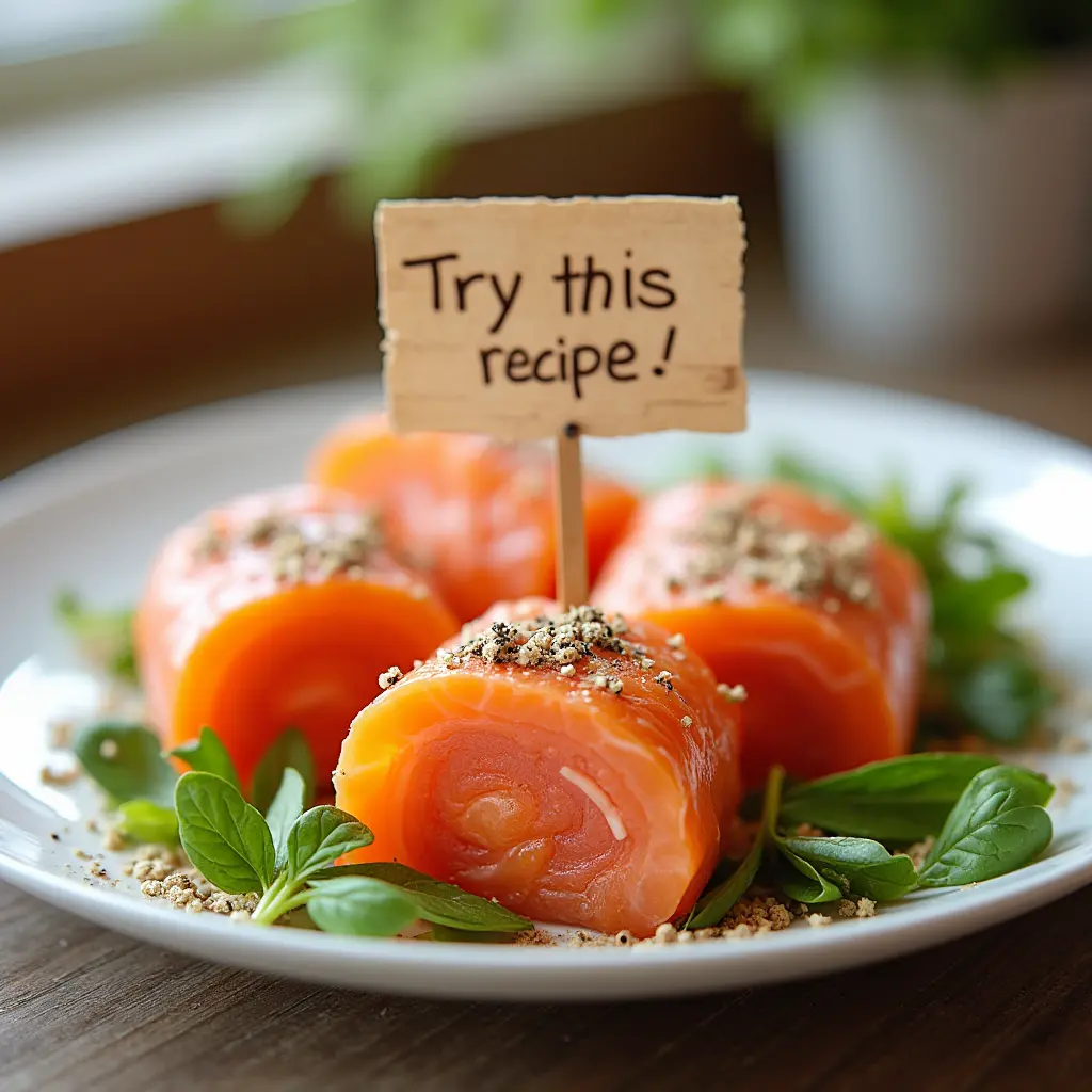 Plate of smoked salmon roulades with a call-to-action note.