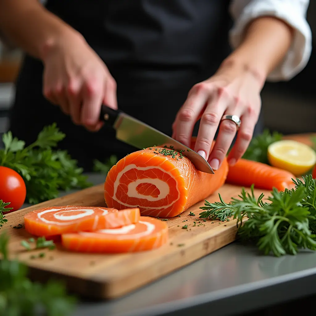 Chef slicing smoked salmon roulades with precision.