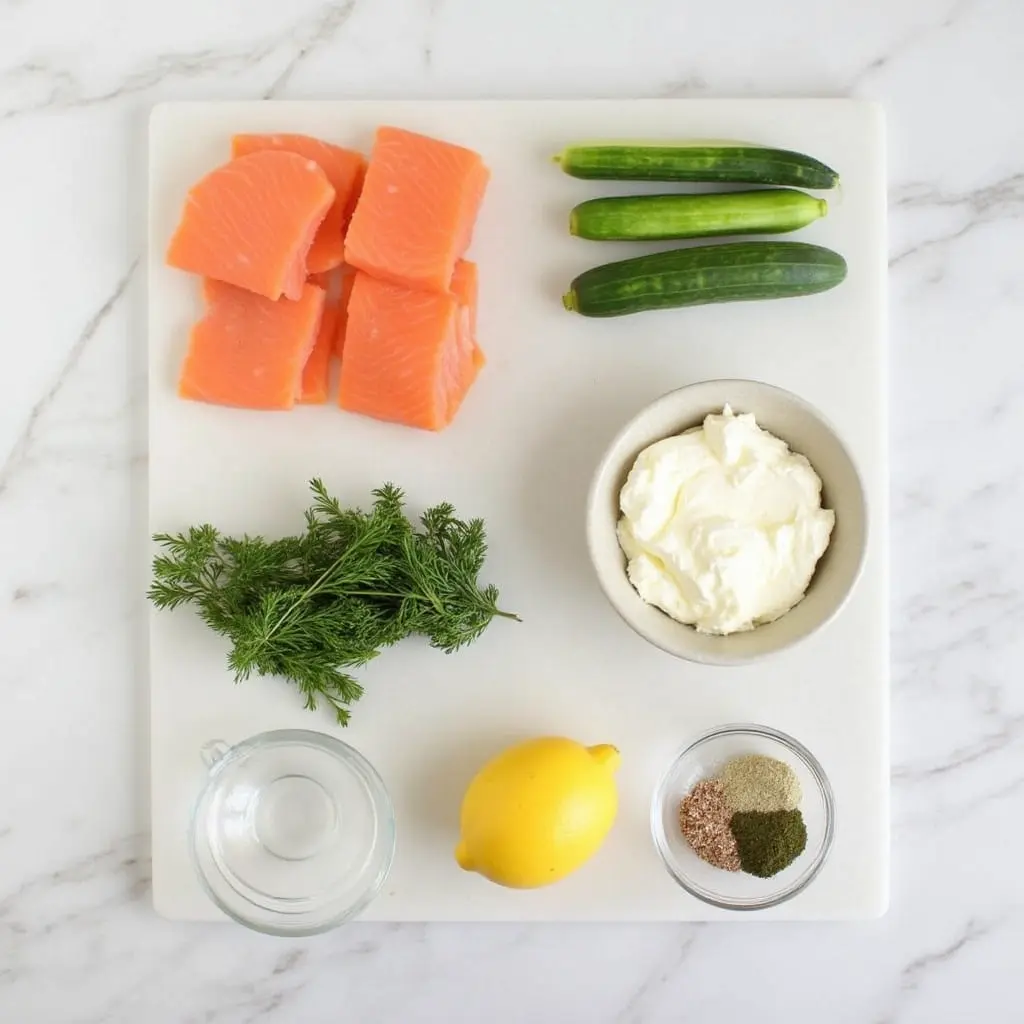 Ingredients for smoked salmon roulade on cucumber slices.