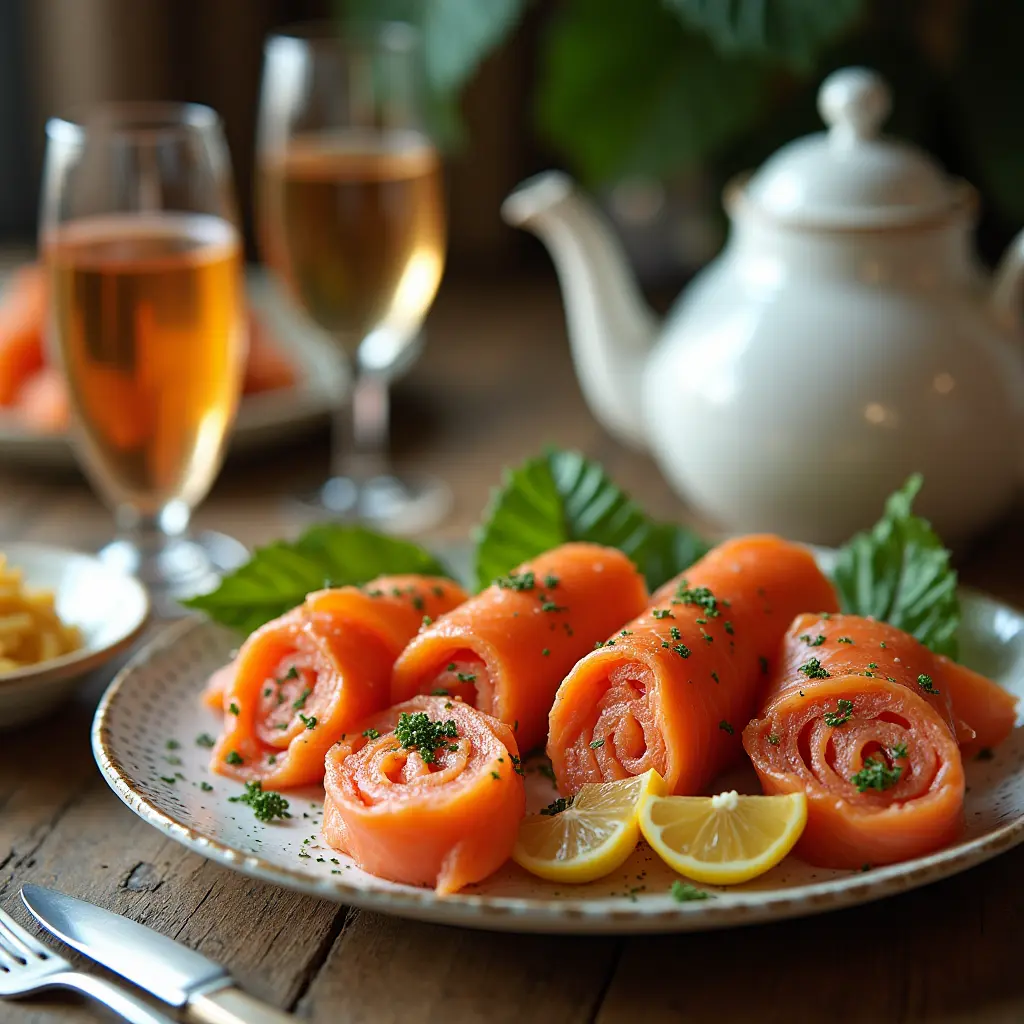 Smoked salmon roulades paired with wine and herbal tea.