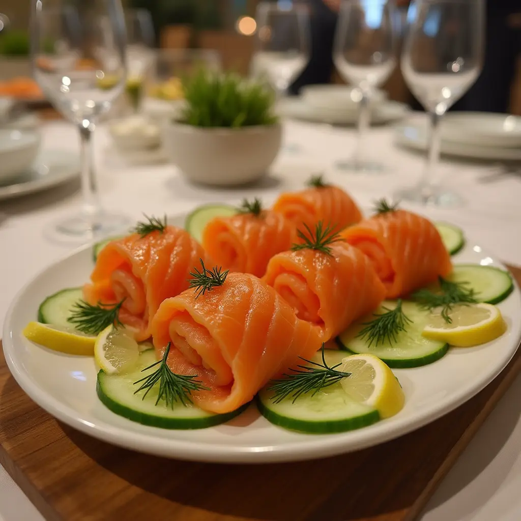 Smoked salmon roulades on cucumber slices with garnishes.