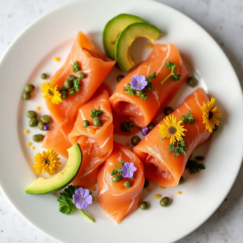 Smoked salmon roulades with creative garnishes.